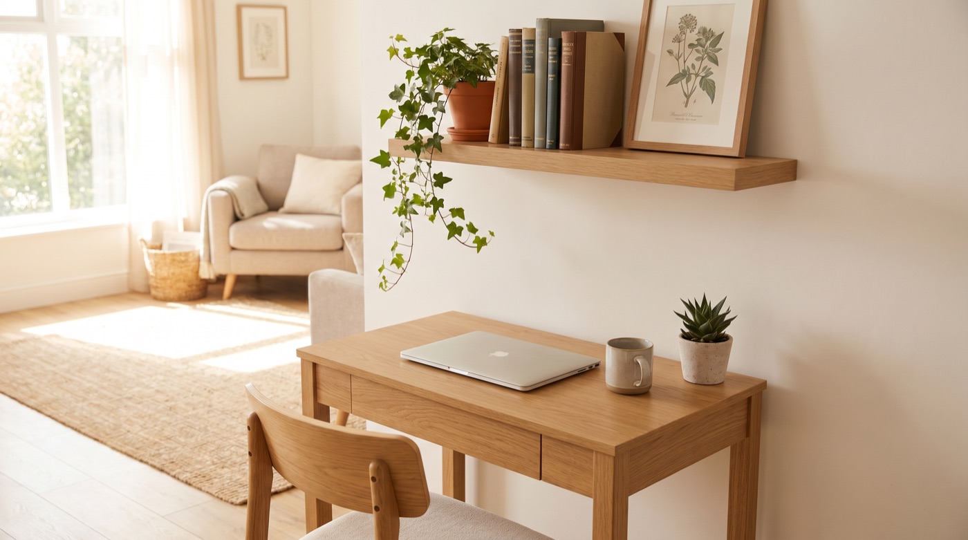 Kleiner Home-Office-Arbeitsplatz mit Schreibtisch und Wandregal in einer Zimmerecke