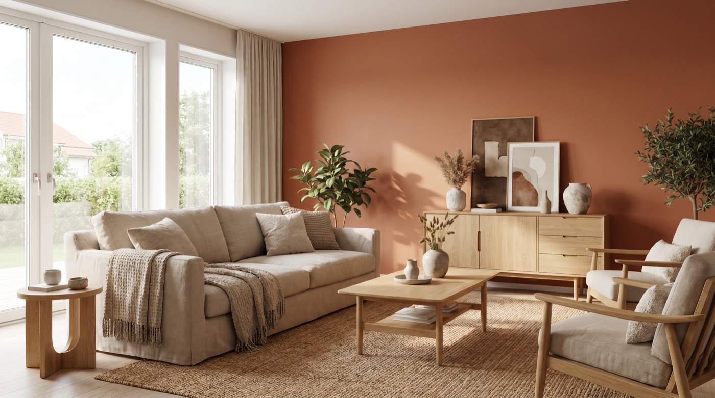 Modernes Wohnzimmer mit warmer Terracotta-Wand und hellen Naturmaterialien