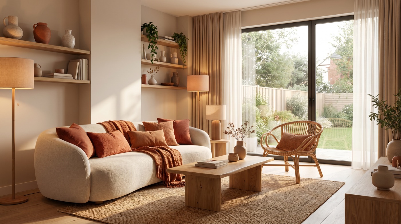 Gemütliches modernes Wohnzimmer in warmen Erdtönen mit Naturmaterialien und weichem Licht