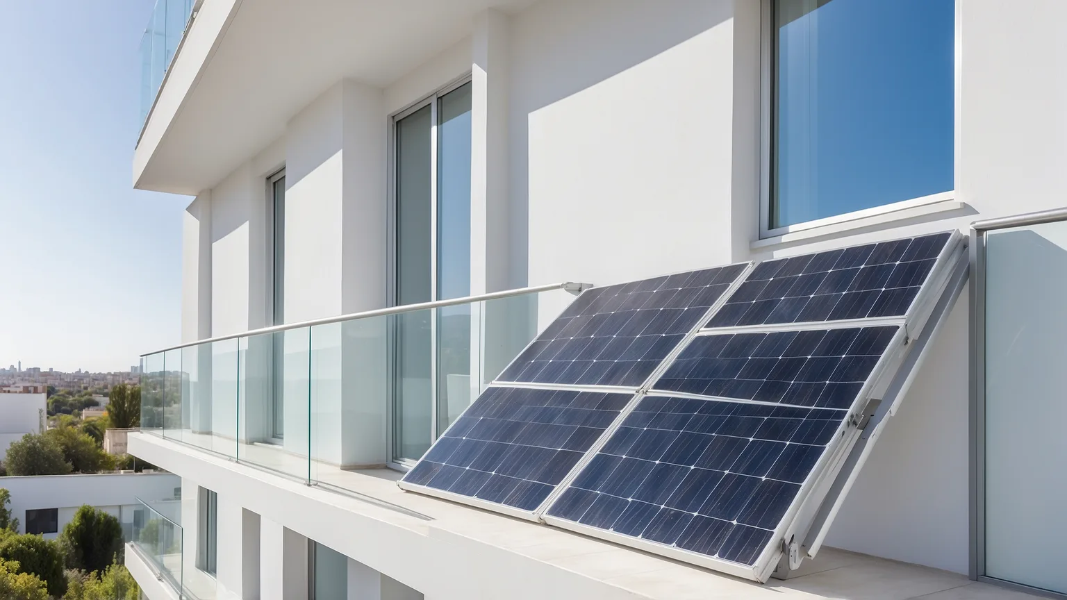 Solarmodule an einem Balkongeländer eines Mehrfamilienhauses