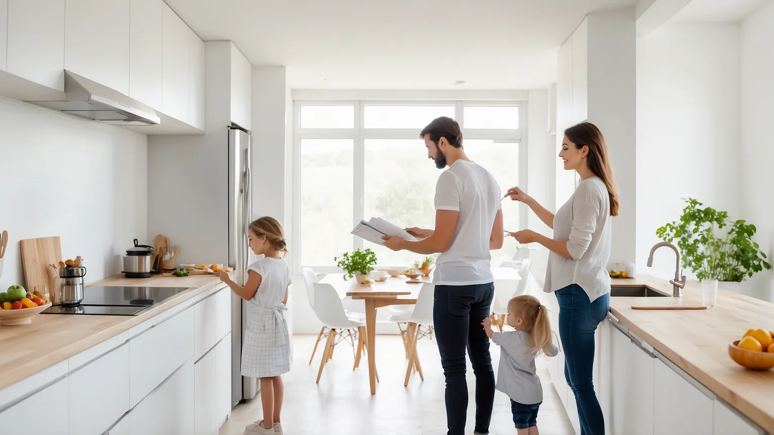 Wochenplan an der Kühlschranktür in einer Familienküche